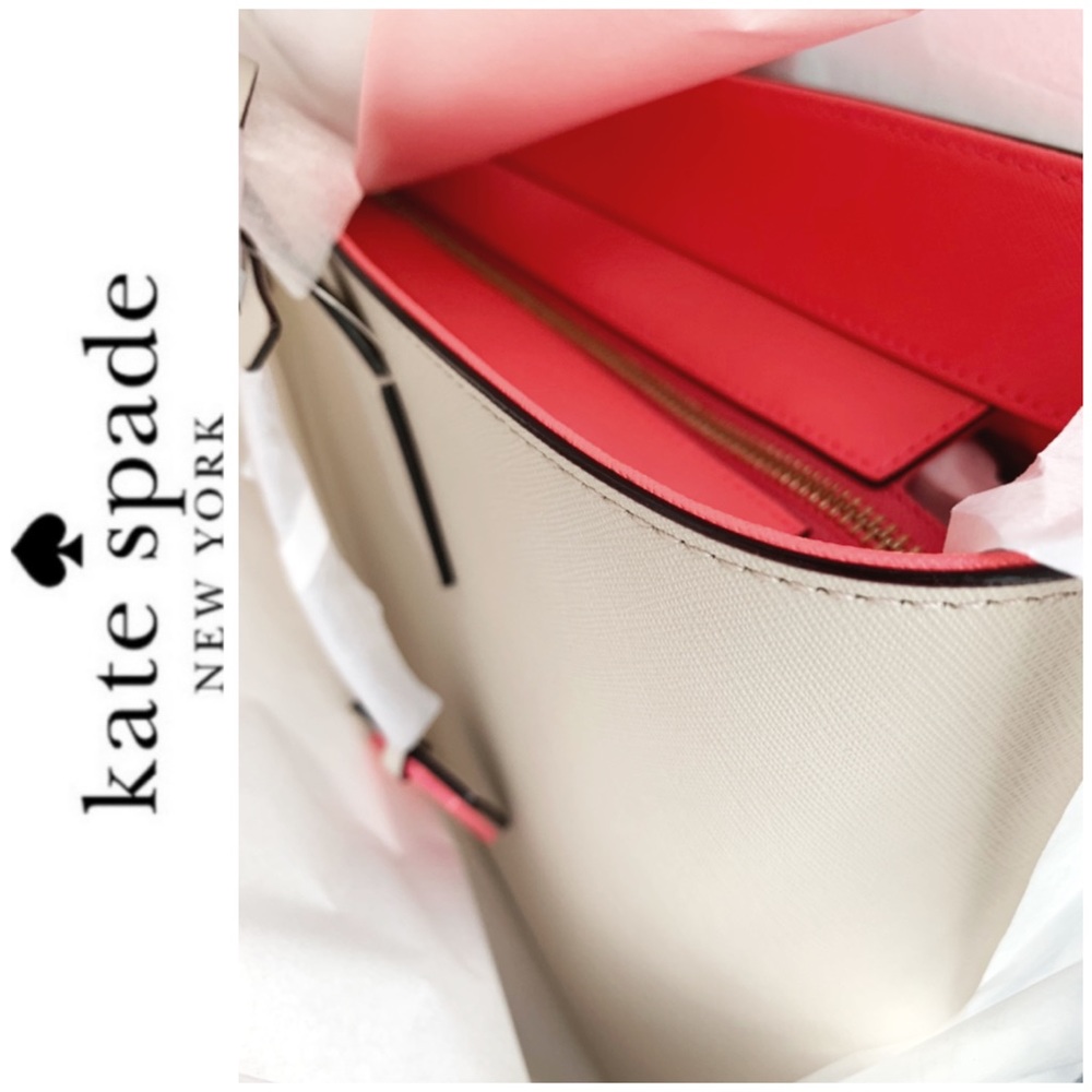 NWT Kate Spade leather top zip tote beige coral - Picture 5 of 7